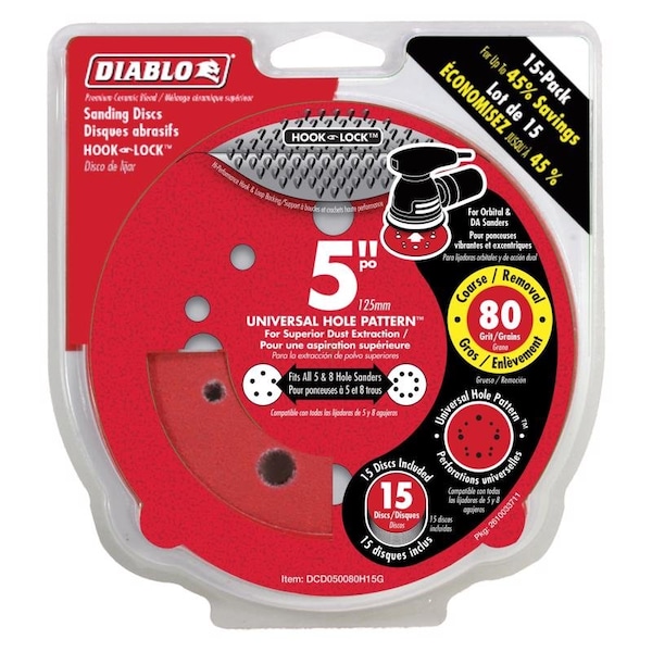 Diablo Diablo 5 in. Ceramic Blend Hook and Lock Sanding Disc 80 Grit Coarse 15 pk DCD050080H15G - main